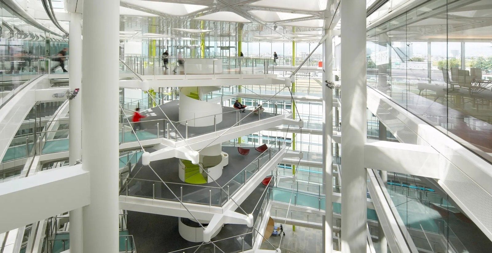 Unilever: Atrium with white bridges and open stairs crossing between floors