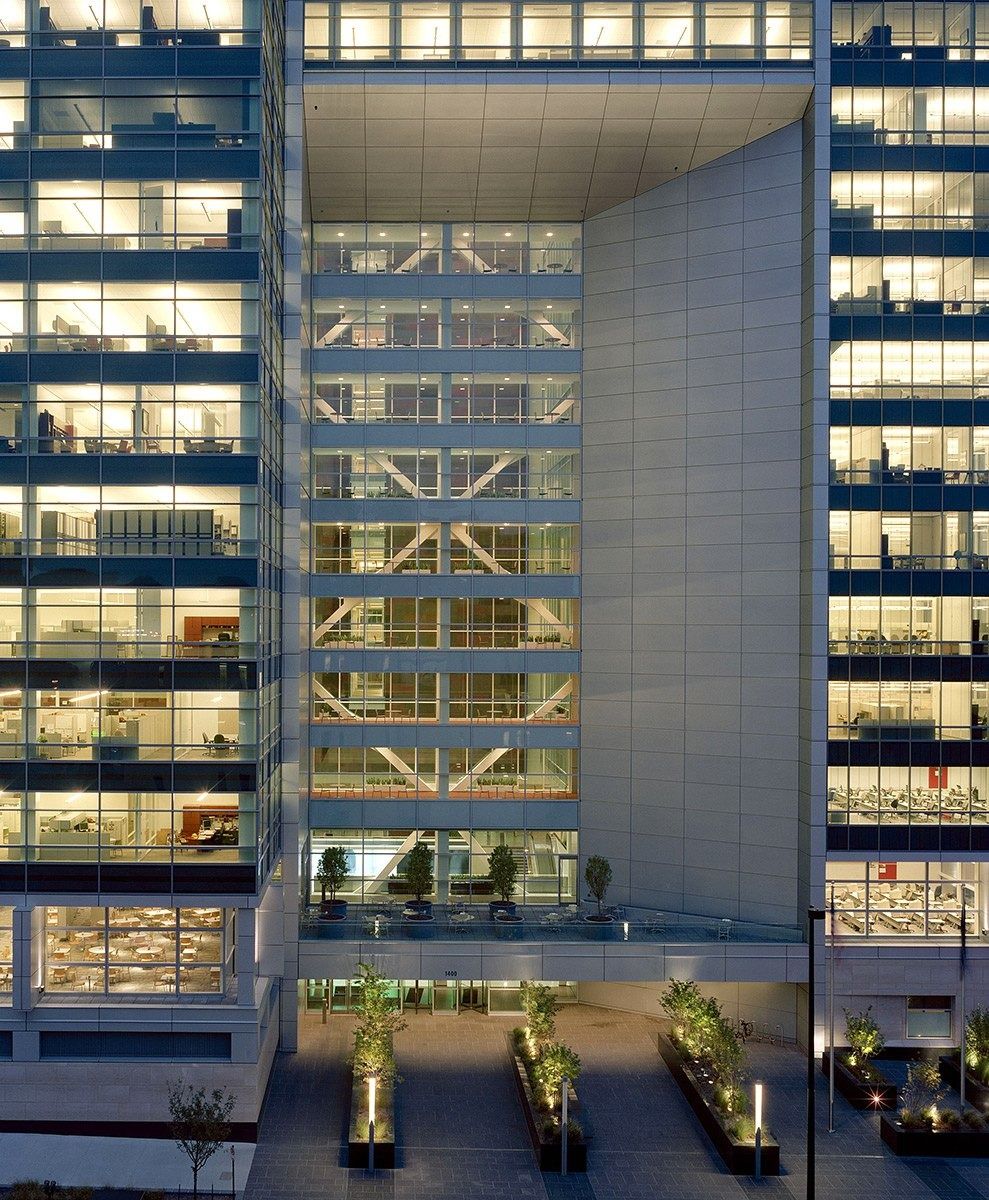 Union Pacific: Atrium opening framed by office floors at dusk