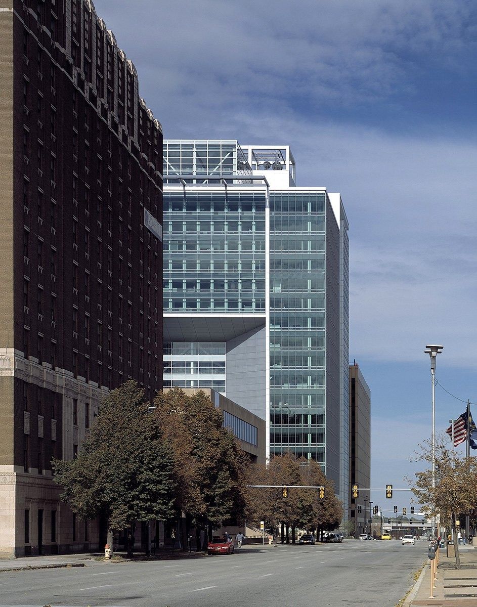 Union Pacific: Glass building with a Union Pacific shield on top at a street corner