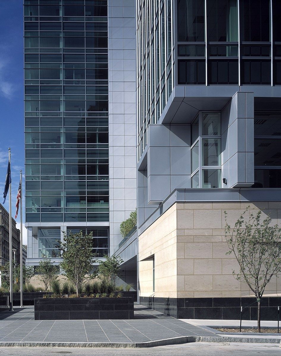 Union Pacific: Glass tower and stone base with planters
