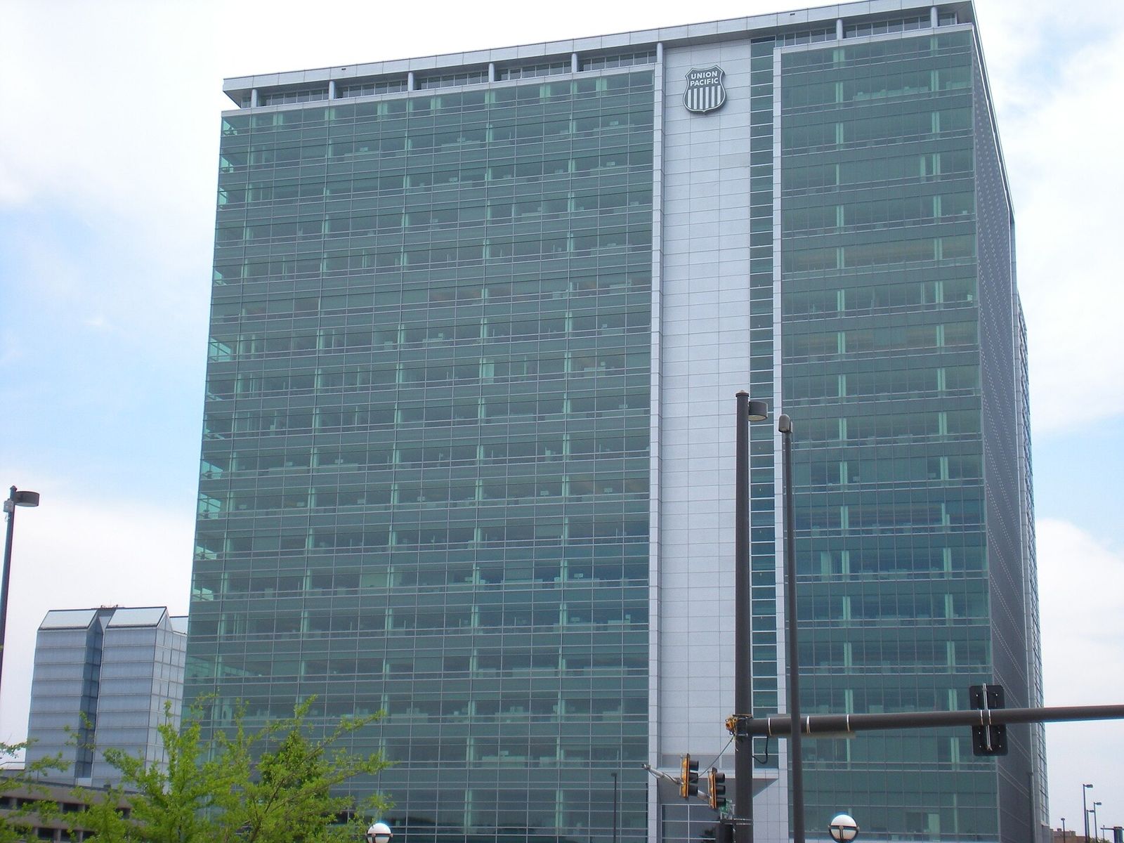 Green glass tower with the Union Pacific shield