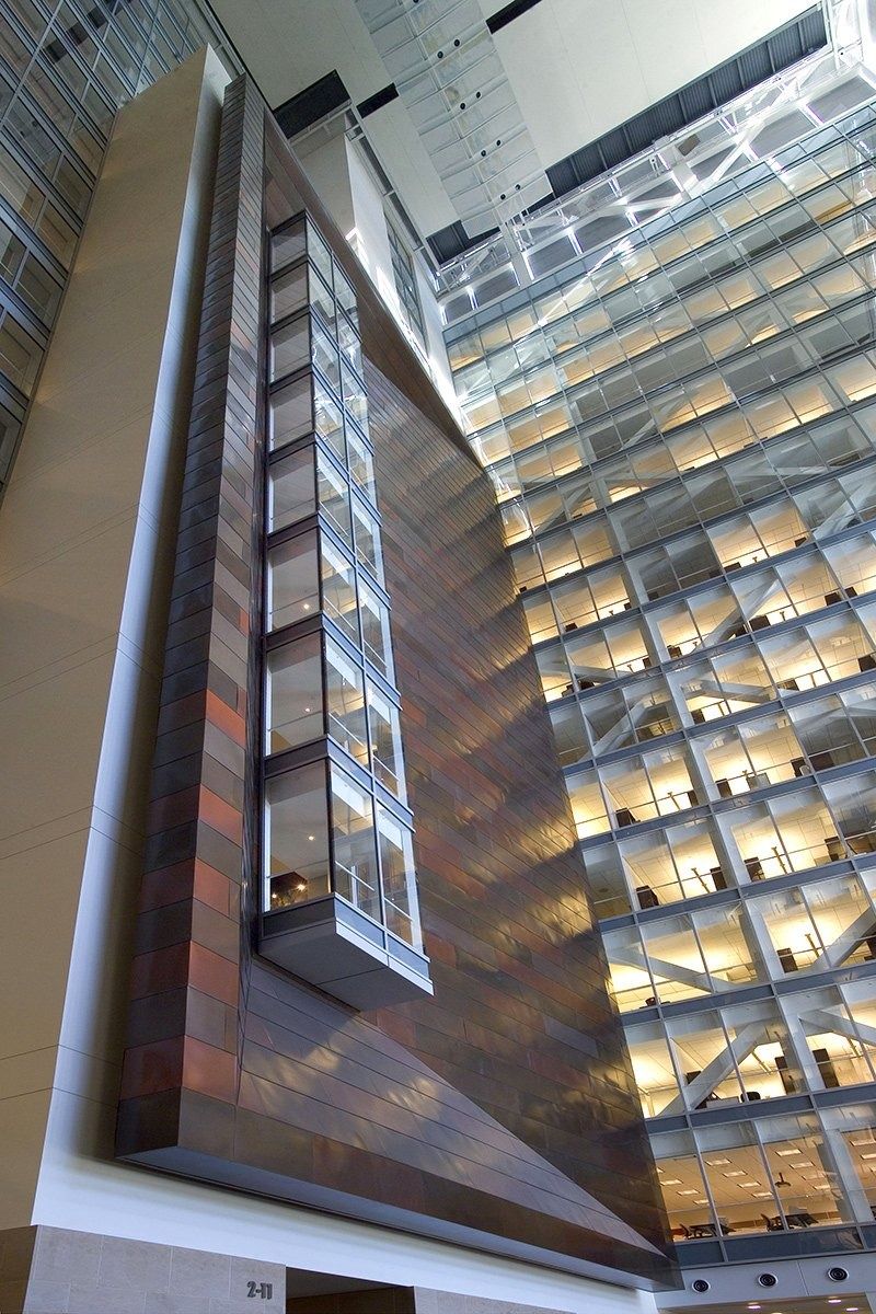 Union Pacific: Looking up an atrium with wood-clad walls