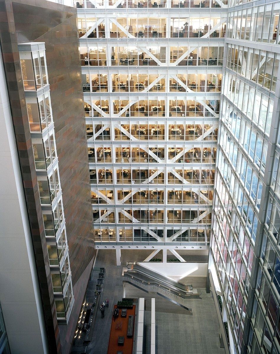 Union Pacific: Office floors with lit windows facing an atrium