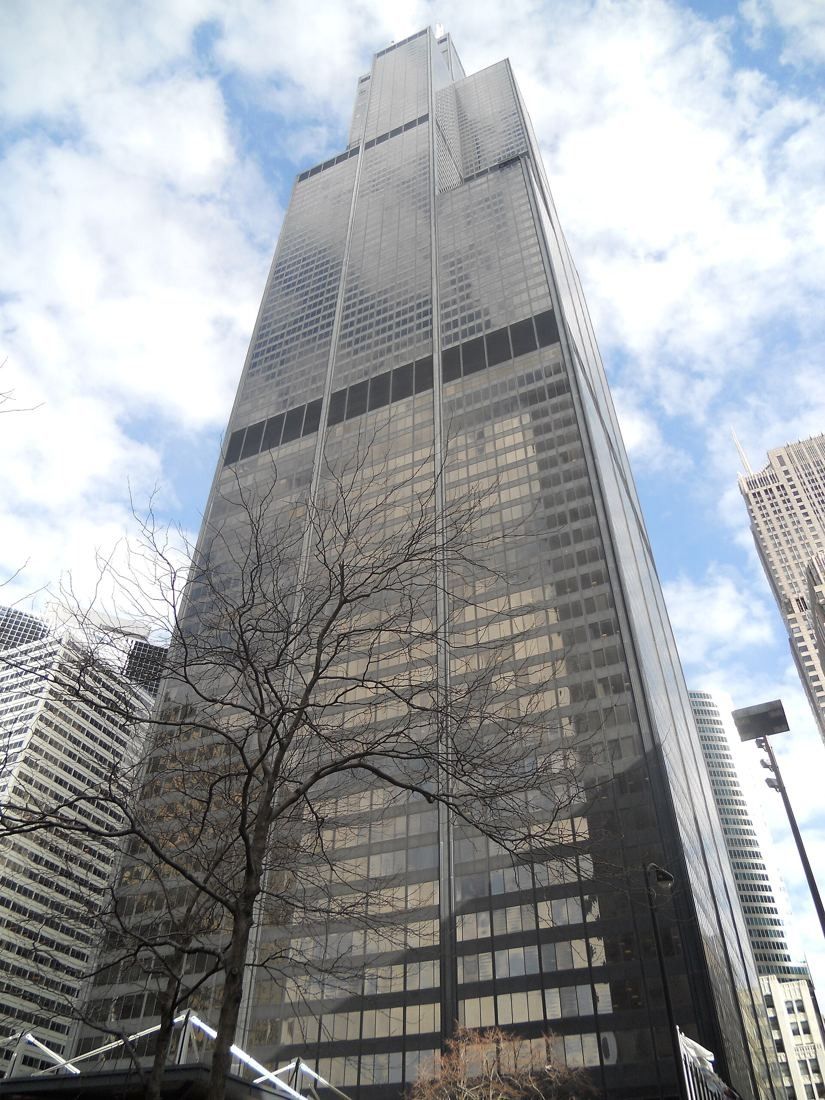 United Airlines: Looking up at the dark stepped facade of Willis Tower