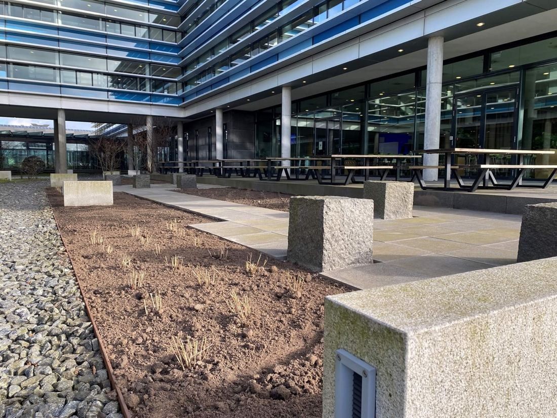 Vestas: Planting bed edged with steel next to concrete seating blocks in a courtyard