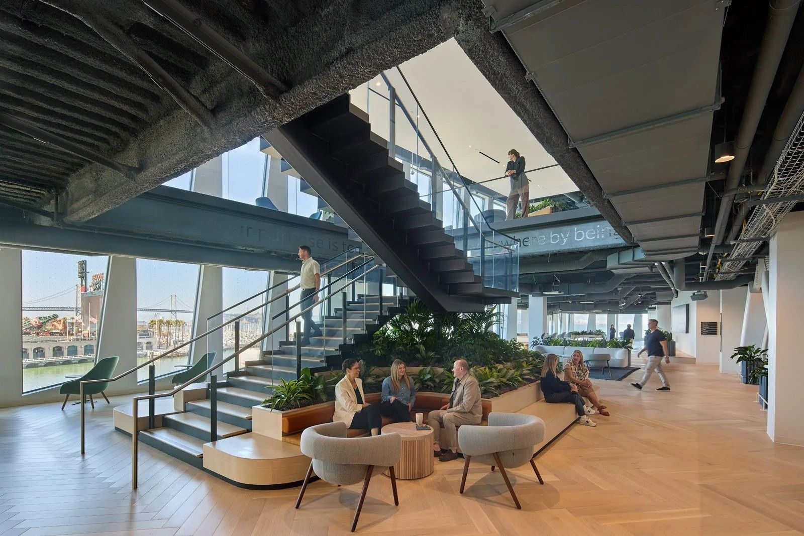 Visa: A social stair with tiered seating and planting under exposed ceilings