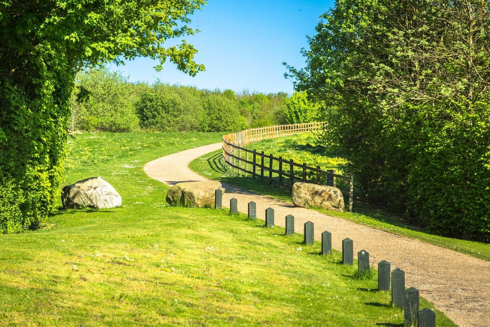 Vodafone: Curving footpath through green lawns and trees under a blue sky