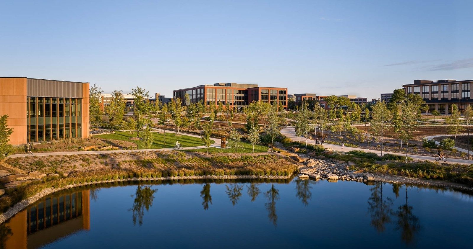 Walmart: A pond reflecting campus buildings at dusk