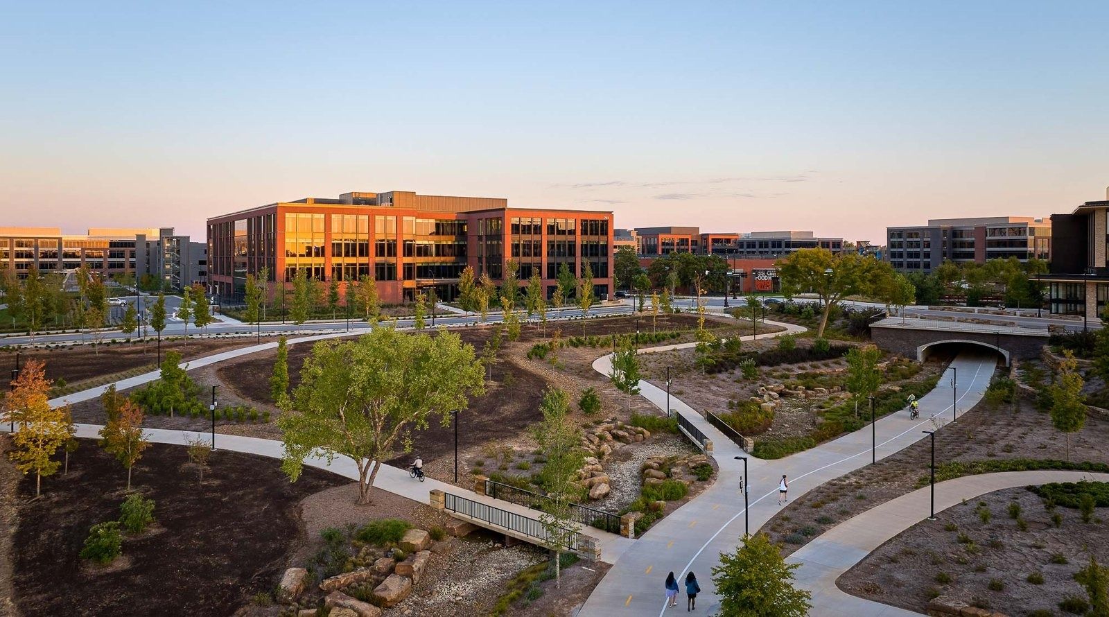 Walmart: Landscaped paths at dusk
