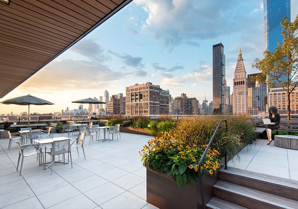 Warner Bros. Discovery: Roof terrace with tables, planting and views of the Flatiron District