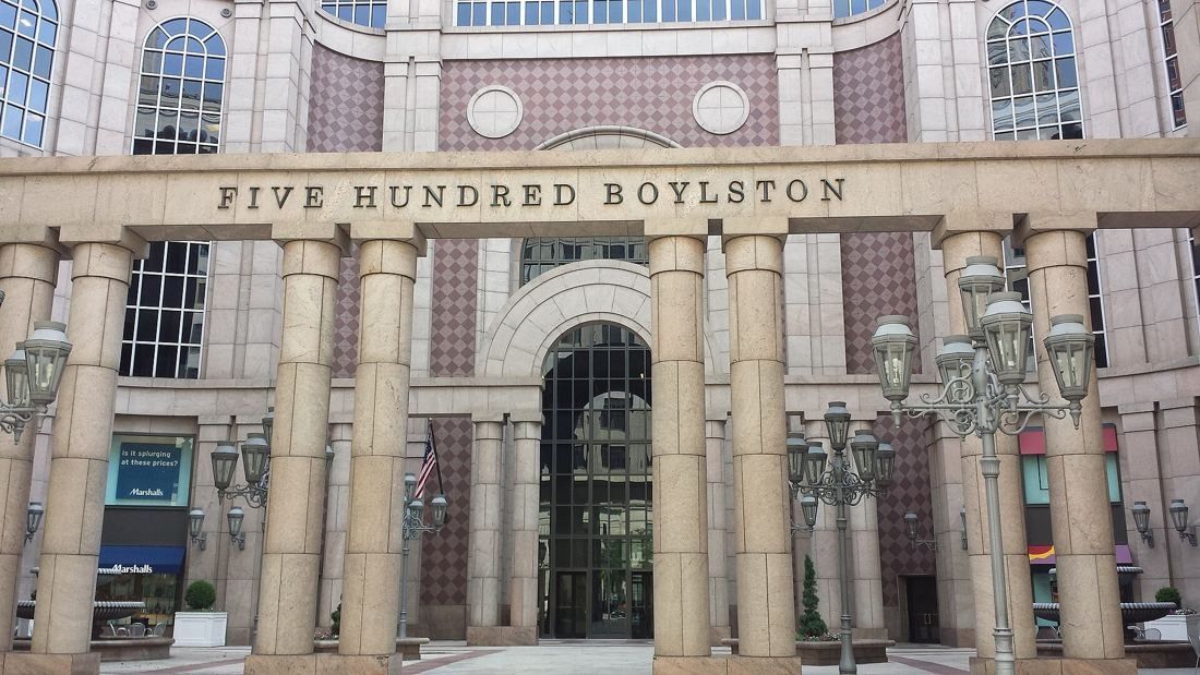 Wayfair: Colonnade entrance of a stone office building with Five Hundred Boylston carved above the columns