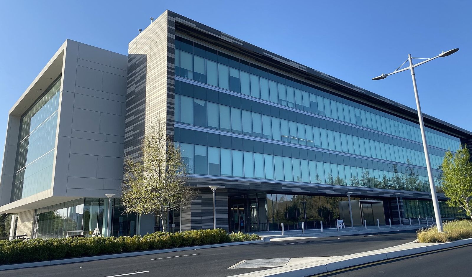 Western Digital: A glass office wing with a white entrance block and planted verge