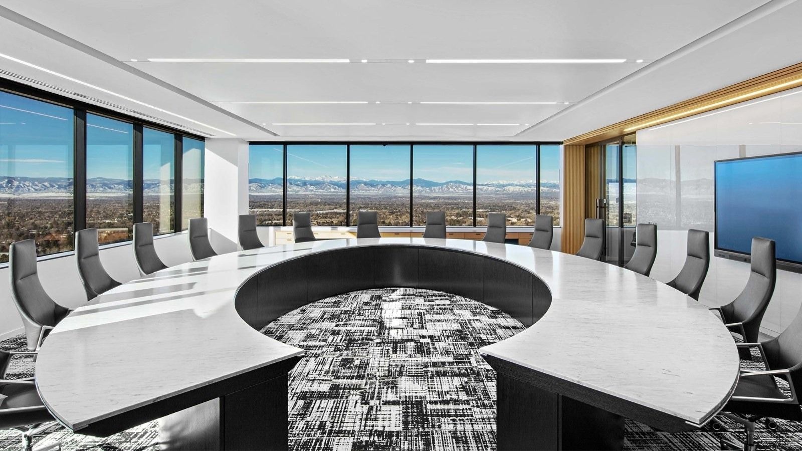 Western Union: A round boardroom table under a long window