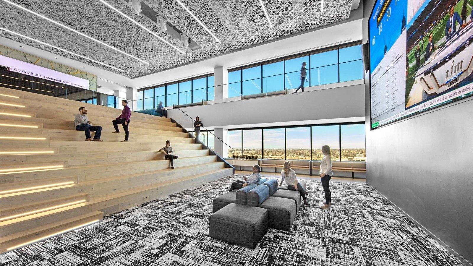 Western Union: Wide wooden steps facing tall windows