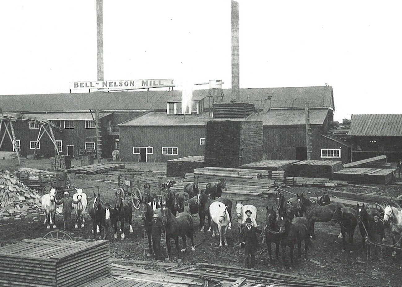 Black-and-white photo of a sawmill with horses in front