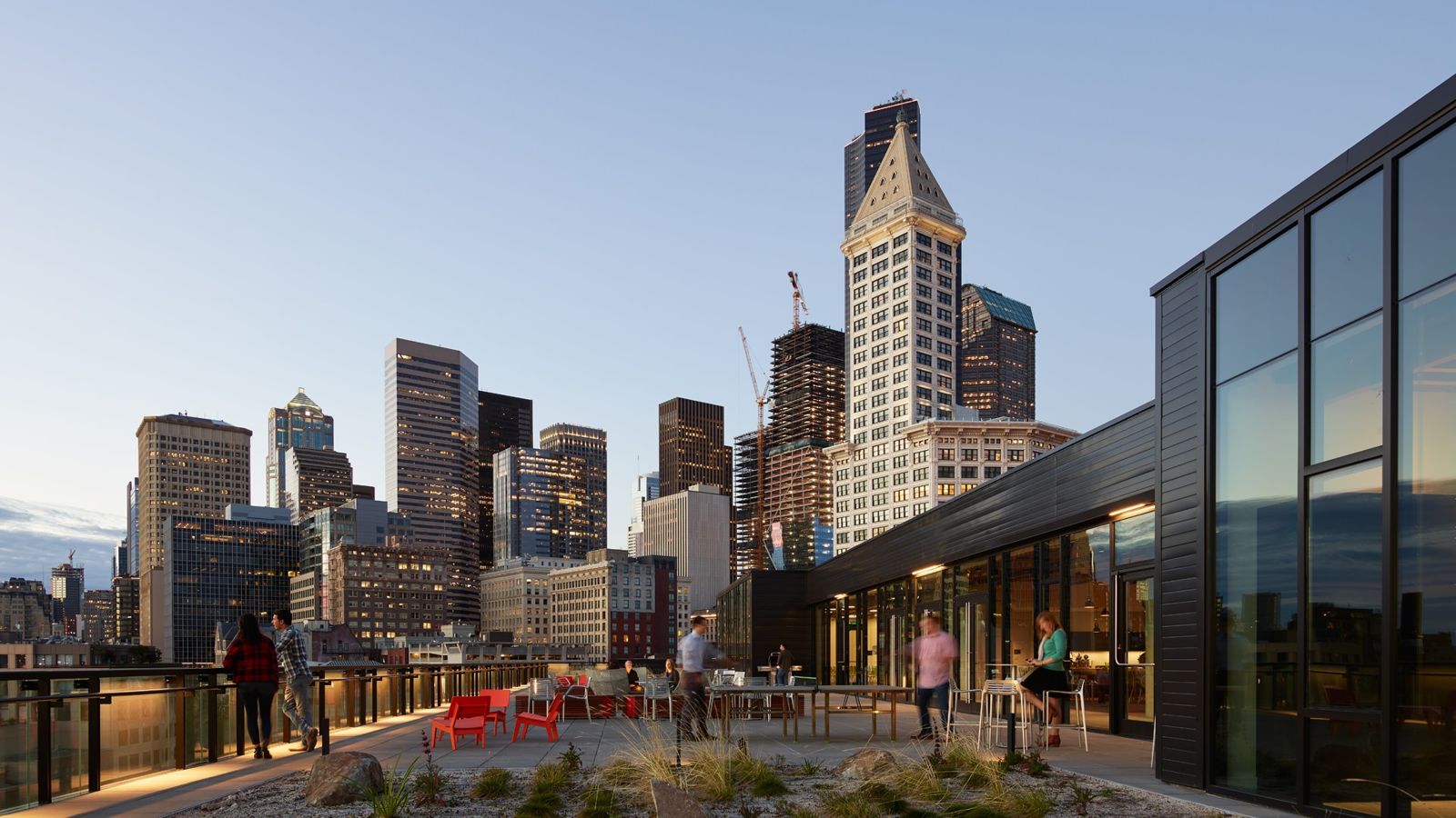 Weyerhaeuser: Roof terrace with planting and the downtown skyline