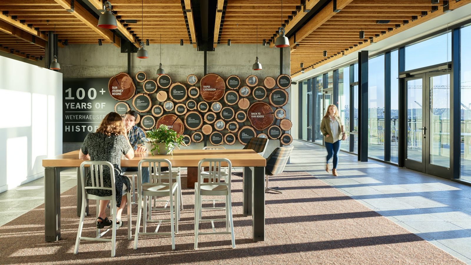 Weyerhaeuser: Tables by the windows and a wall of wood rounds marked 100+ years