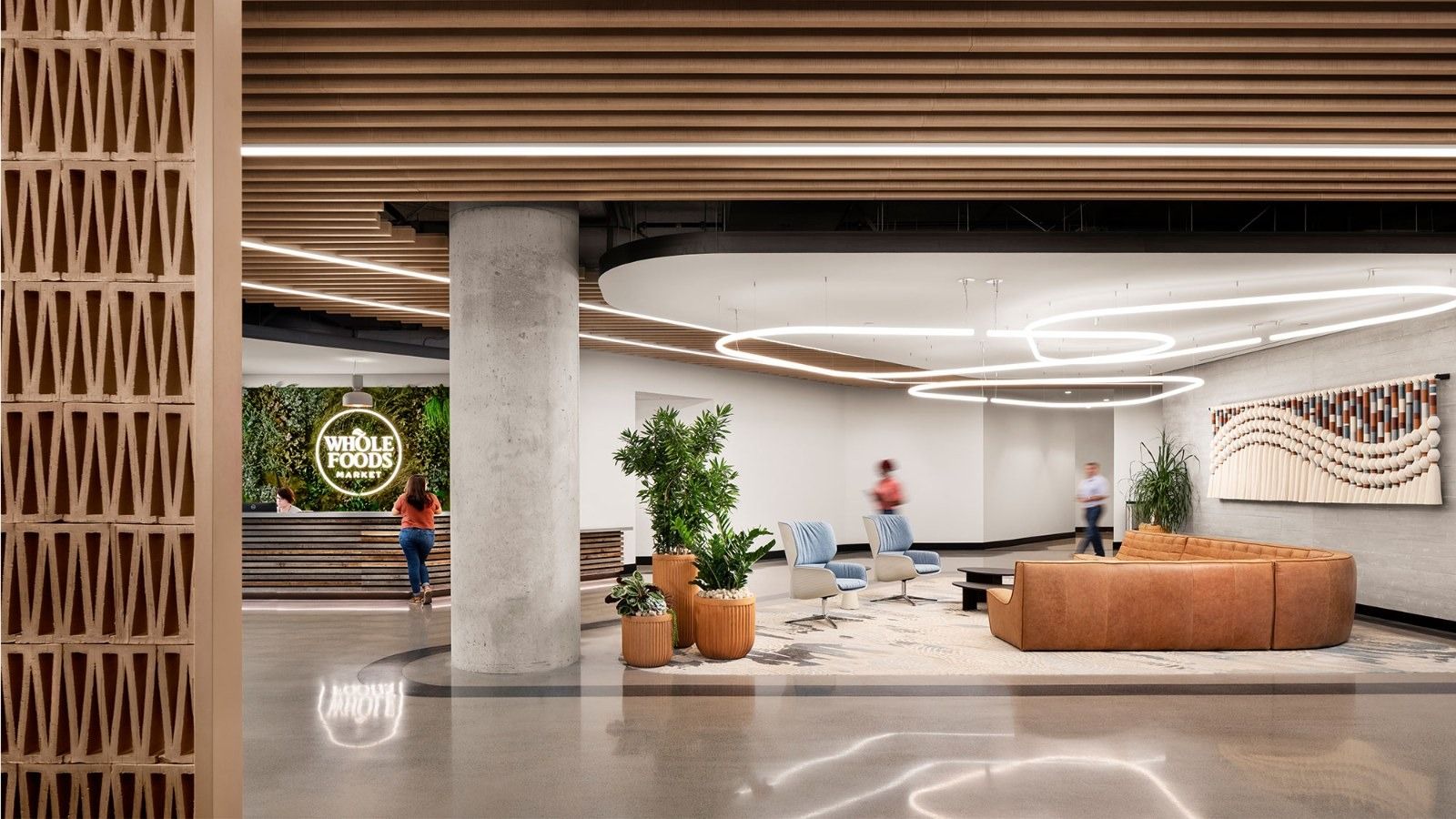 Whole Foods Market: A lobby with a wooden screen wall and a curved ceiling