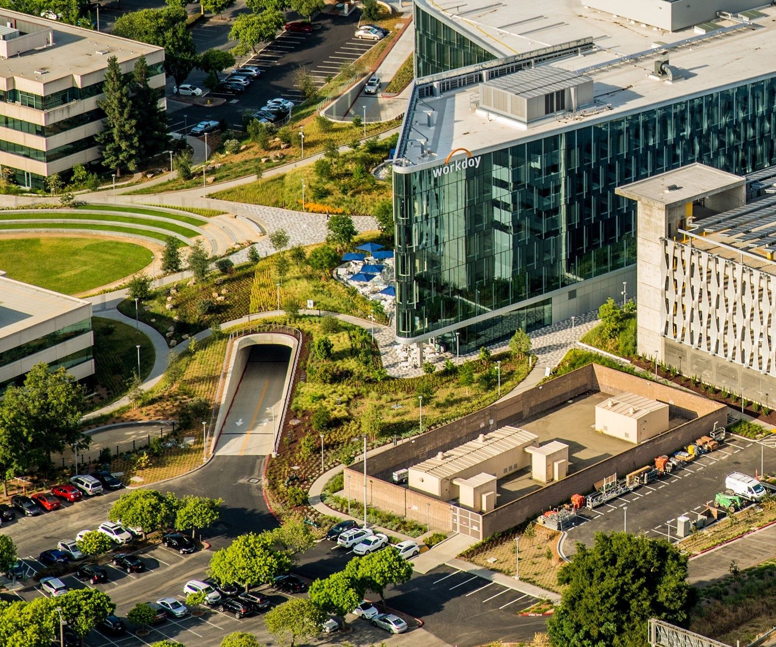 Workday: An aerial view of the campus with a stepped lawn amphitheater