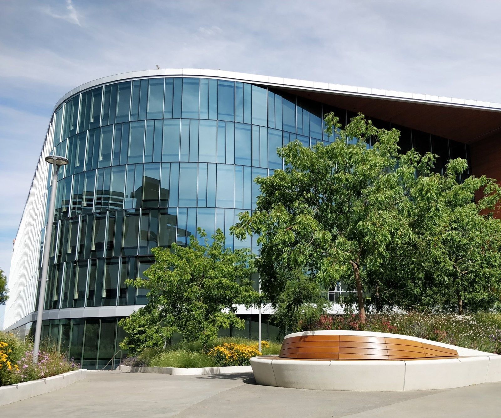 Workday: The curved facade behind trees and a round bench