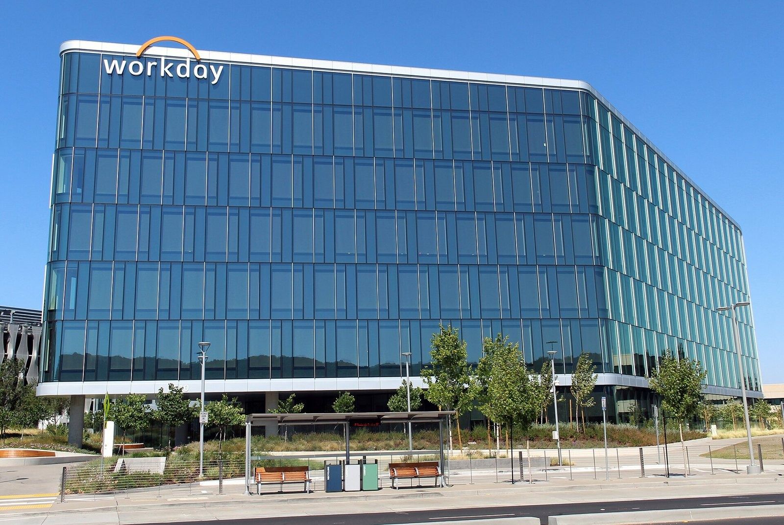 Workday: The glass headquarters with the Workday logo