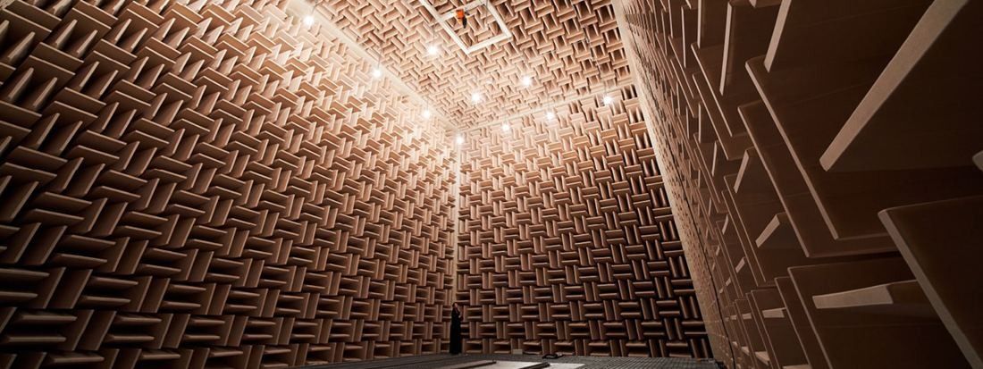 Yamaha: A large room lined on every surface with wedge-shaped acoustic absorbers