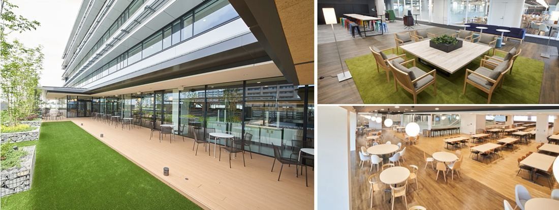Yamaha: Three views: an outdoor deck with tables along a glass facade, a lounge with wooden chairs on green carpet, and a large dining hall