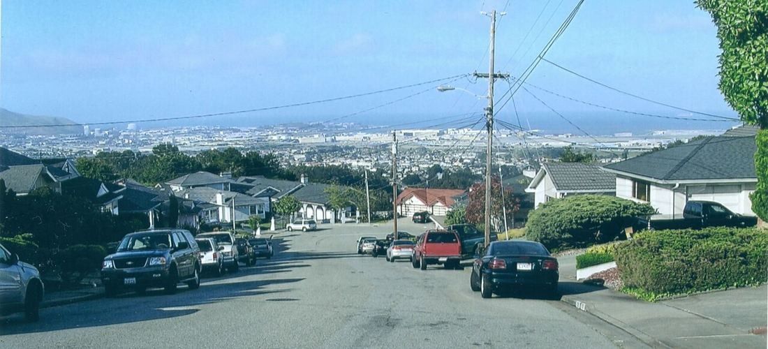 Residential street in San Bruno looking down toward San Francisco Bay