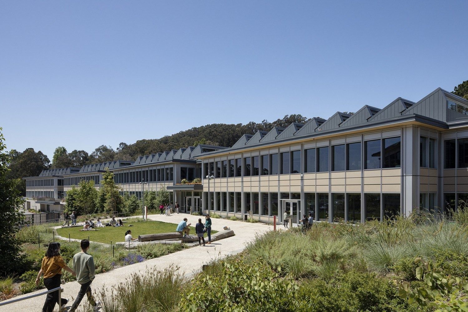YouTube: Long building with sawtooth roofs beside a lawn and paths through native planting