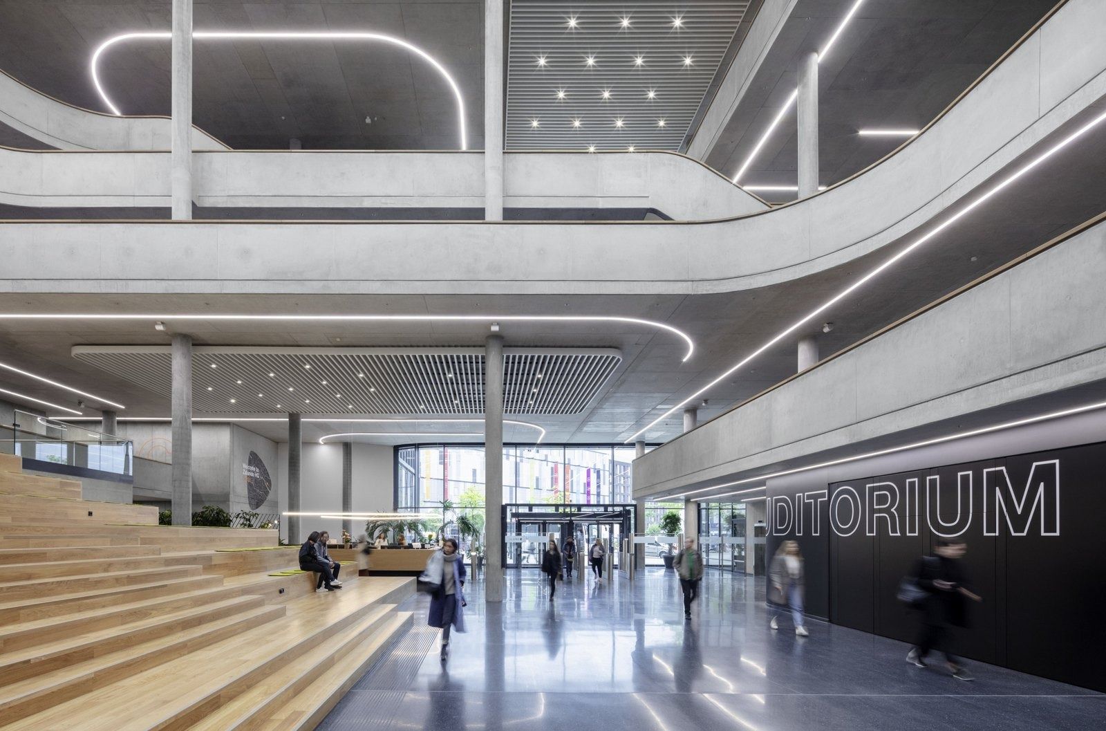 Zalando: Wooden bleacher steps leading up from the entrance hall under curved light lines