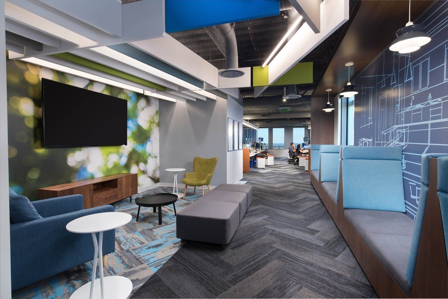 Zillow: Lounge with patterned wall graphics and booth seating