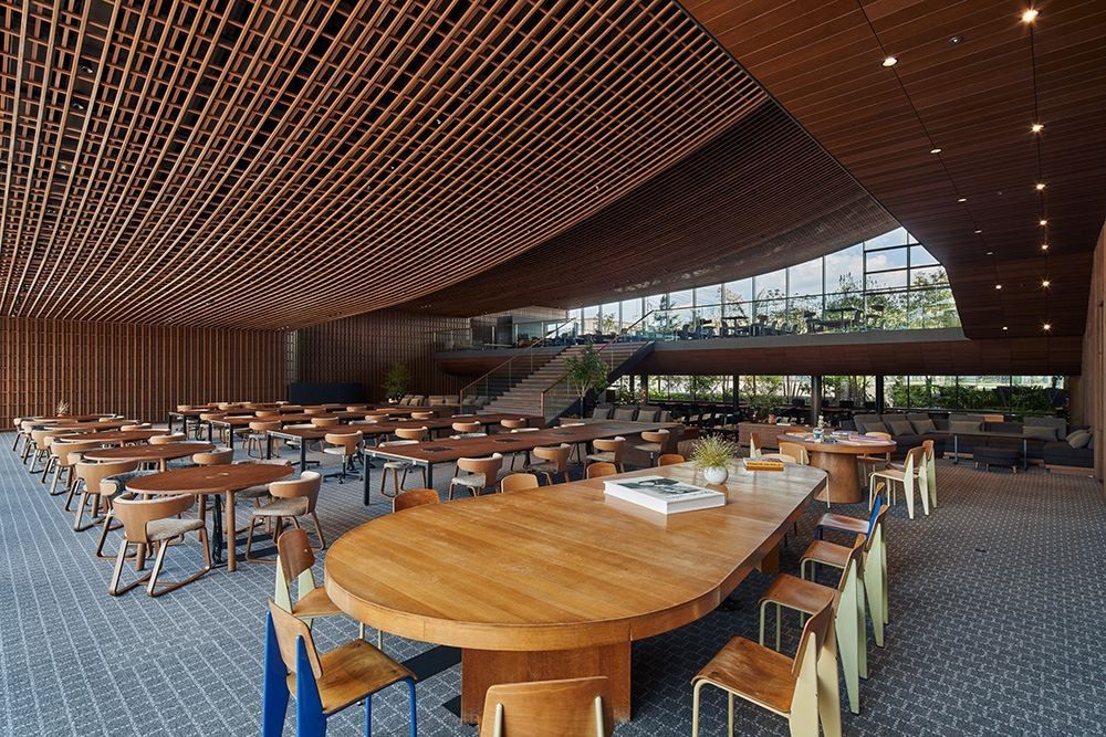 ZOZO: Many wooden tables and chairs on a patterned carpet under a curved ceiling